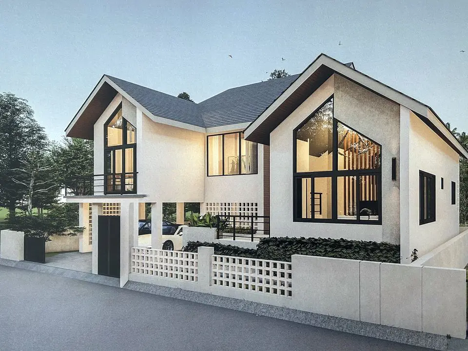 Design rendering of a two-storey house with a gabled glass front