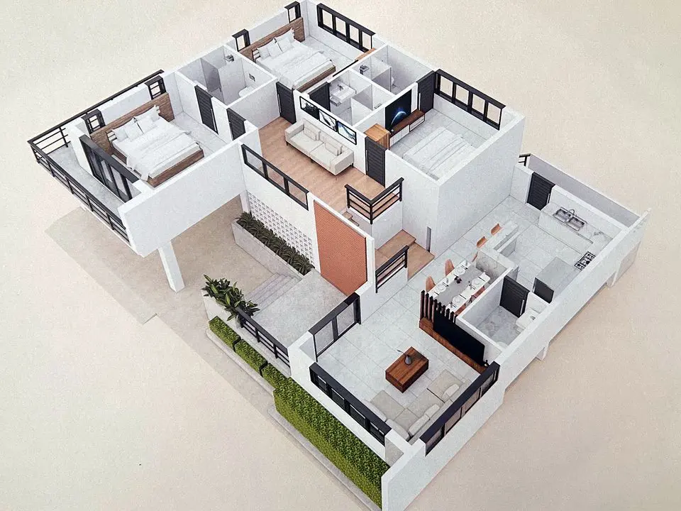 Cut-away rendering of a furnished house floor plan